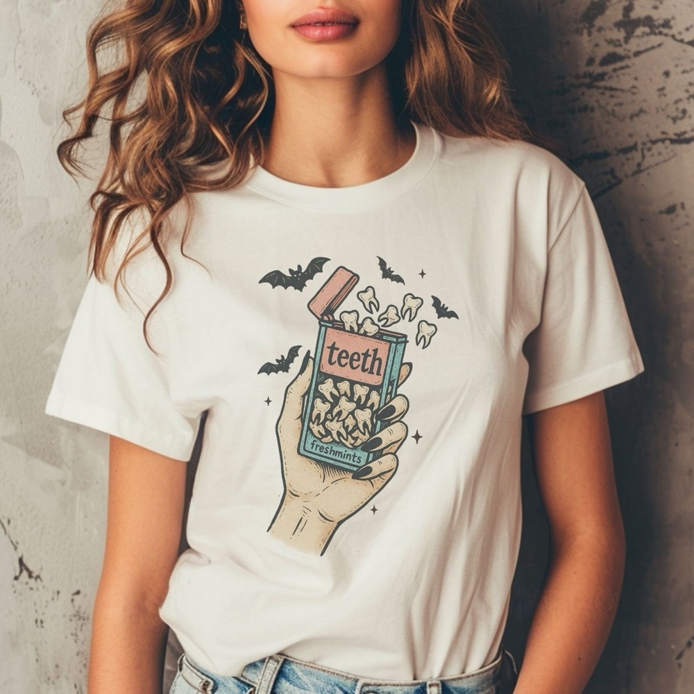 Funny Teeth Halloween Design Graphic Tee Casual Crew Neck Short Sleeve T-Shirt